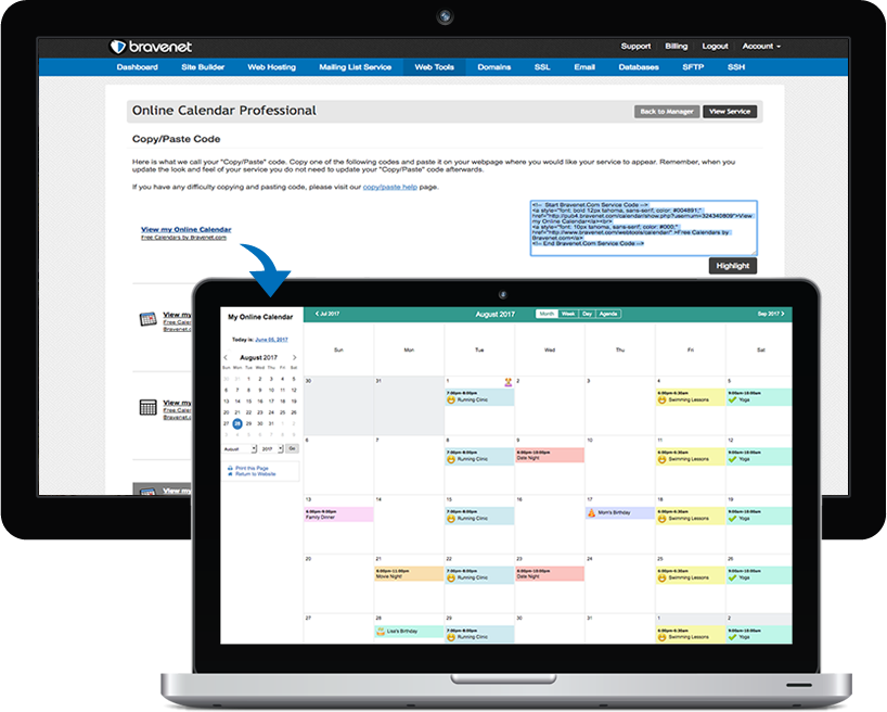 Easy to Install, Copy and Paste Bravenet Online Calendars into your Website
